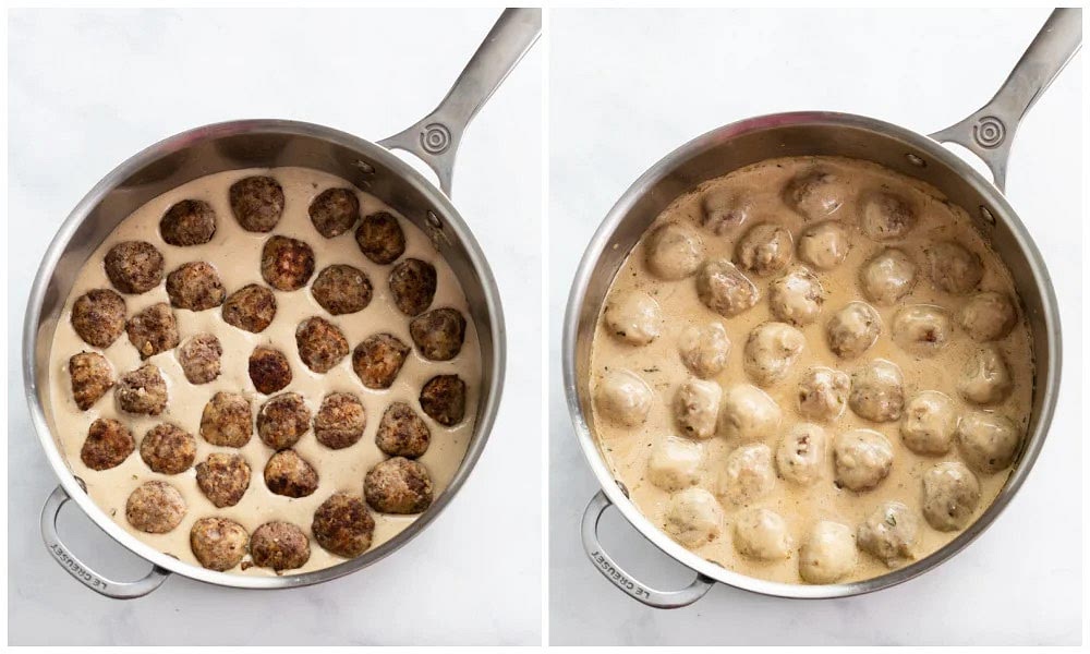 Add the meatballs back to the skillet along with any juices from the plate. Spoon the sauce on top. Allow them to heat through over low heat for 10-15 minutes (or until cooked through), partially covered. Garnish with fresh parsley and serve over mashed potatoes or egg noodles.