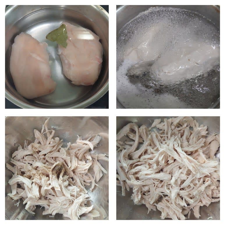 닭가슴살은 월계수잎 1장을 넣어 뚜껑을 덮고 15분 삶은 뒤 식혀 먹기 좋은 크기로 찢어 줍니다.
닭가슴살에 소금 두꼬집과 후추를 넣어 잘 섞어 주세요.