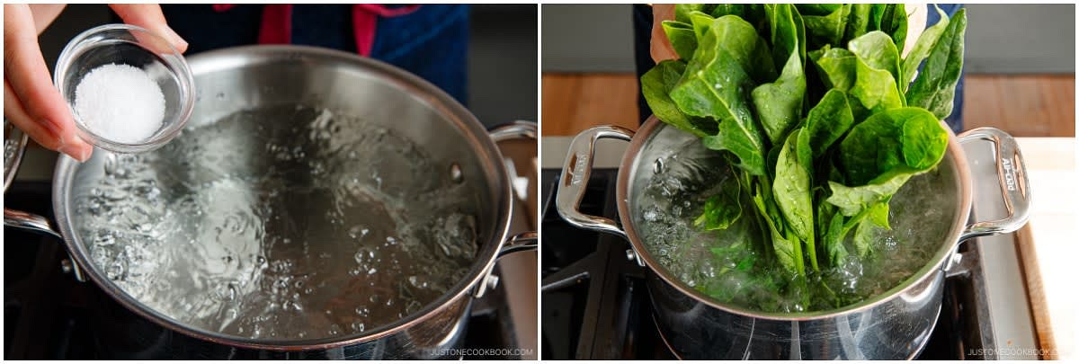 Once the water is boiling, add kosher salt. Add the stem ends of spinach first, since they take longer to cook, and hold for 15–20 seconds. Tip: Salt helps keep the spinach's green color brighter.