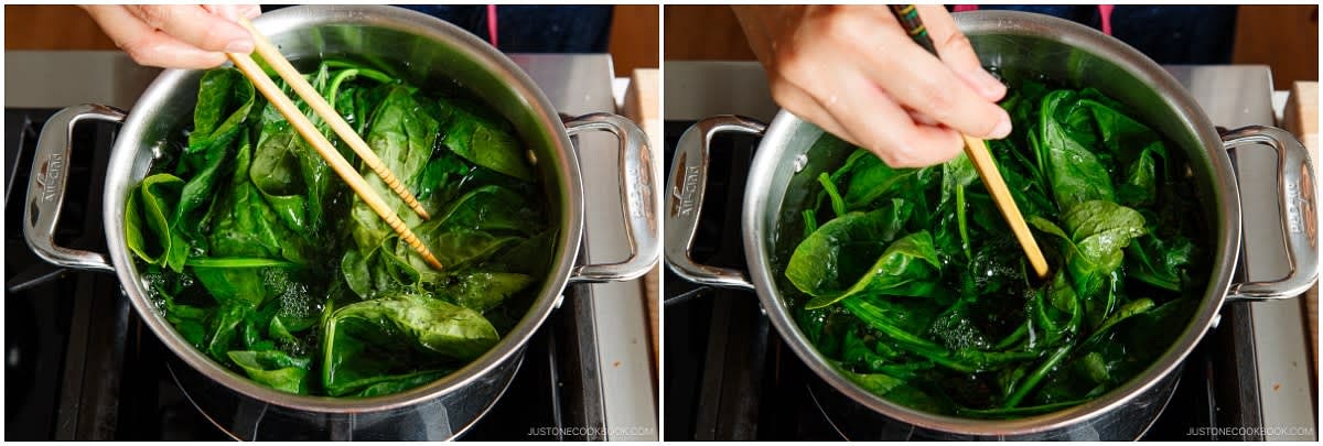 Then, push the leaves down to submerge them in water. Blanch until the stems are no longer rigid, about 30–45 seconds. Tip: American spinach is very soft and we can eat it raw, unlike Japanese spinach.