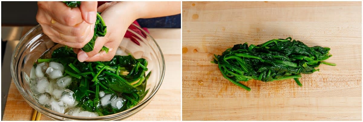 Once the spinach is cool enough to handle, collect the spinach and squeeze the water out. Tip: Do not leave the spinach in the water for too long or else it will lose nutrients.