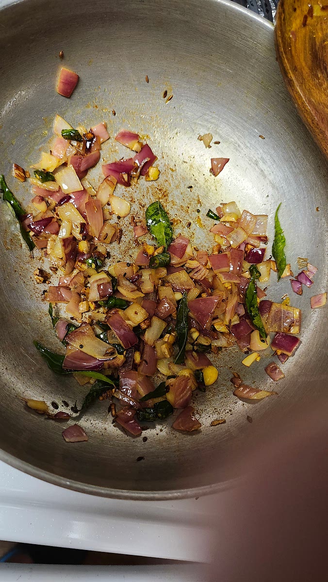 3 tblsp oil, mustard seed, Jeera, curry leaves, onion.. stir few minutes till onion gets bit brownish add turmeric