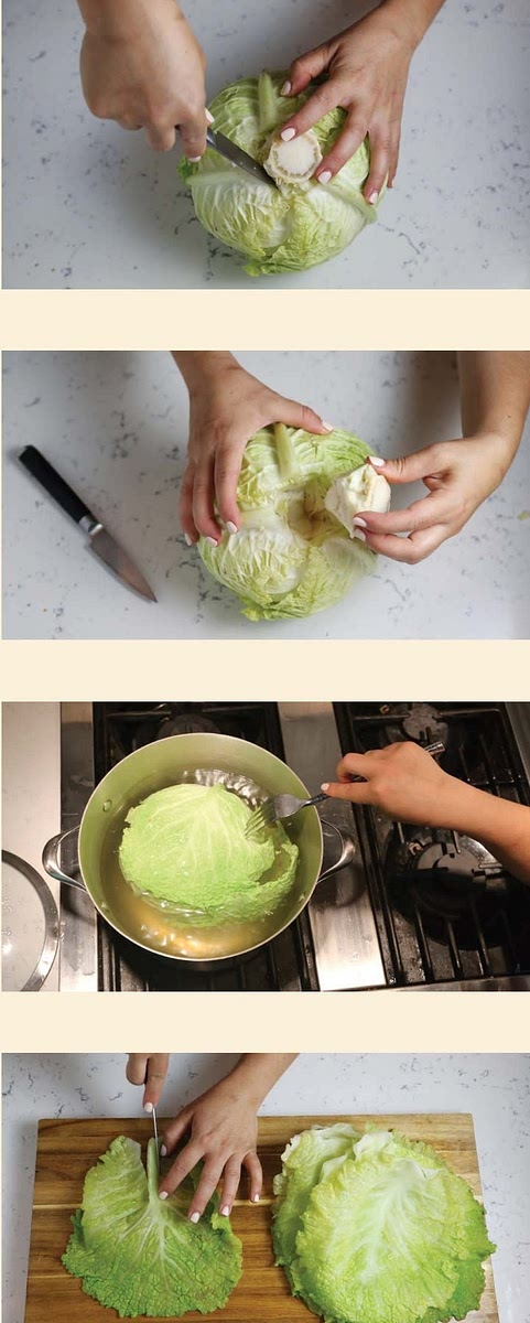 Prep the cabbage: Bring a large pot of water to a boil. Using a paring knife, remove the core from the cabbage. Dunk the cabbage into the boiling water. After 2 to 3 minutes, the leaves will start to soften and you can remove the layers. Repeat until you have around 16 leaves.