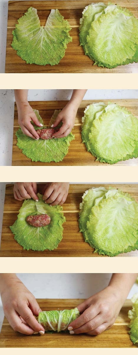 Scoop the rice mixture into an approximately ½-cup oval (smaller leaves might require less filling). Place the scoop of filling in the middle of a cabbage leaf and fold in the sides. Roll up the cabbage leaf and place, seam side down, in the prepared baking dish. Repeat with the remaining cabbage leaves and filling. You may have some cabbage left over. You can discard it, add it to soup, or chop it up and add it to the sauce, if desired.