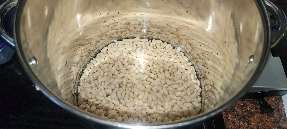 Dry White Bean Prep: Sort through ½ pound of dry White Beans and remove any loose skins, gravel/debris, and/or rotten beans. Rinse the remainder of the beans in a colander to remove any remaining debris. Soak overnight (10 hours minimum) in a bowl with water, covering the beans by at least 1 inch. Drain the beans.