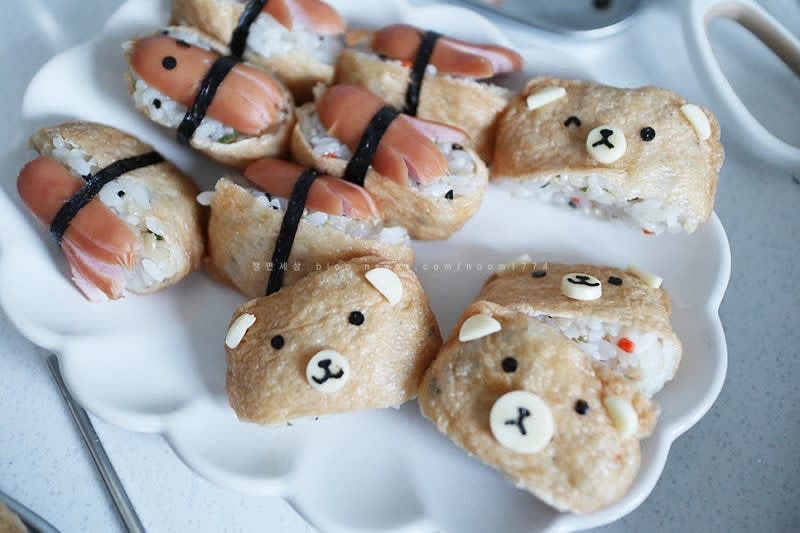 치즈 눈 코 입을 붙여주면 볼품없는 유부초밥이 사랑스러운 리락쿠마로!!