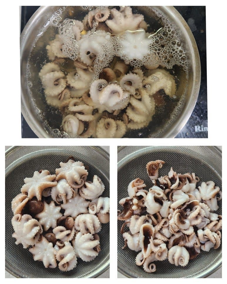 세척한 쭈꾸미는 끓는 물에 30초가량 데친 뒤 찬물에 헹궈 열기를 빼고 먹기 좋은 크기로 잘라 주세요. 