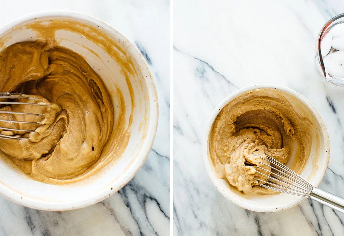 Whisk in tahini, salt and cumin. You can’t make tahini sauce without tahini, and the salt and cumin enhance the other flavors. Whisk in ice water until the mixture is gloriously smooth and creamy. When you add the tahini to the bowl, it will seize up. It loosens with the addition of sufficient amounts of ice water. It’s a really cool transformation, just wait! Adjust to taste, if necessary. Add more water for a thinner consistency, more salt for more overall flavor, and/or more lemon juice for more tang. Your tahini sauce is good to go!