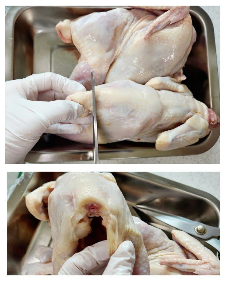 닭의 누린내 제거를 위해 꽁지와 목뼈, 그 주변의 늘어진 껍질과 지방을 제거한 뒤 뱃속까지 깨끗이 세척해 줍니다.
