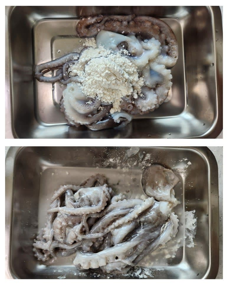 낙지는 머리 안 내장과 눈,입을 제거하고 밀가루에 문질러 이물질을 제거하며 씻어 주세요.