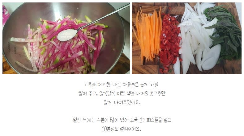 야채들은 모두 곱게 채를 썰고 고추는 다져주어요. 무채는 수분이 많아서 소금 1ts를 넣고 10분정도 절여주어요
