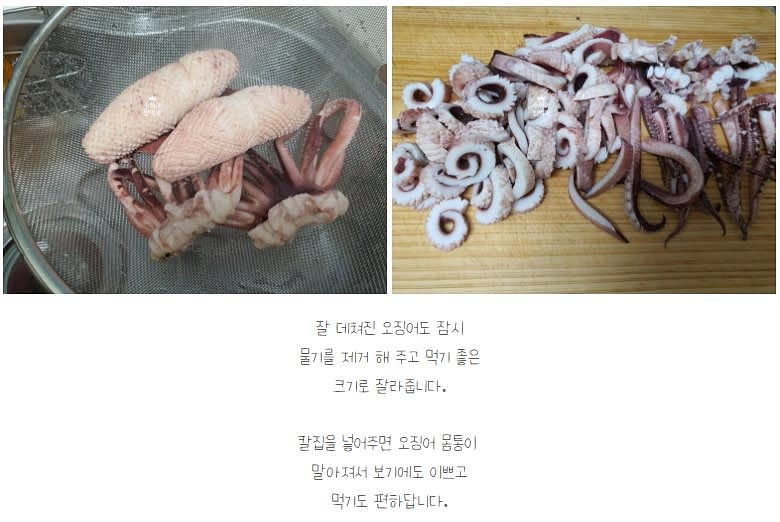 데친 오징어는 먹기 좋은 크기로 잘라준다