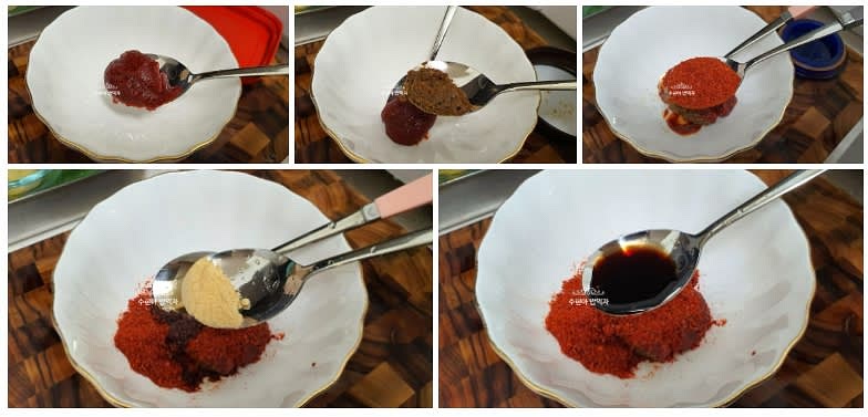 고추장 0.5, 된장 0.5, 고춧가루 1, 생강가루 0.5, 국간장 1, 까나리 액젓 1, 청주(소주) 2를 섞어 양념장 만들기