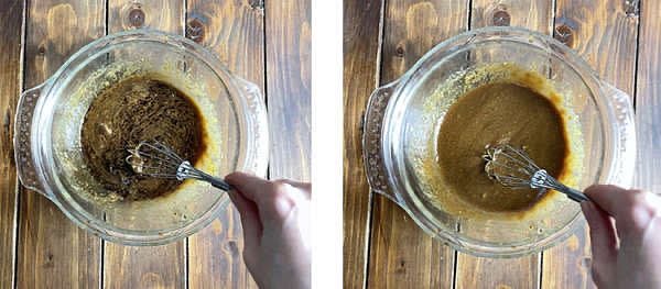 Prepara la salsa tahina: mescola tutti gli ingredienti fino ad ottenere un composto cremoso. Se troppo poco cremoso aggiungi tahina. Se rimane granuloso è ok anche così. Aggiungi gli aromi e ottieni una salsa scura e densa.