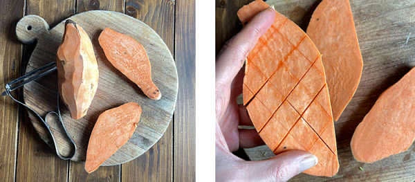 Pela le patate dolci. Dividile in fette con uno spessore di 1cm. Intagliale a griglia, sia sopra che sotto: da entrambe le facce delle fette.