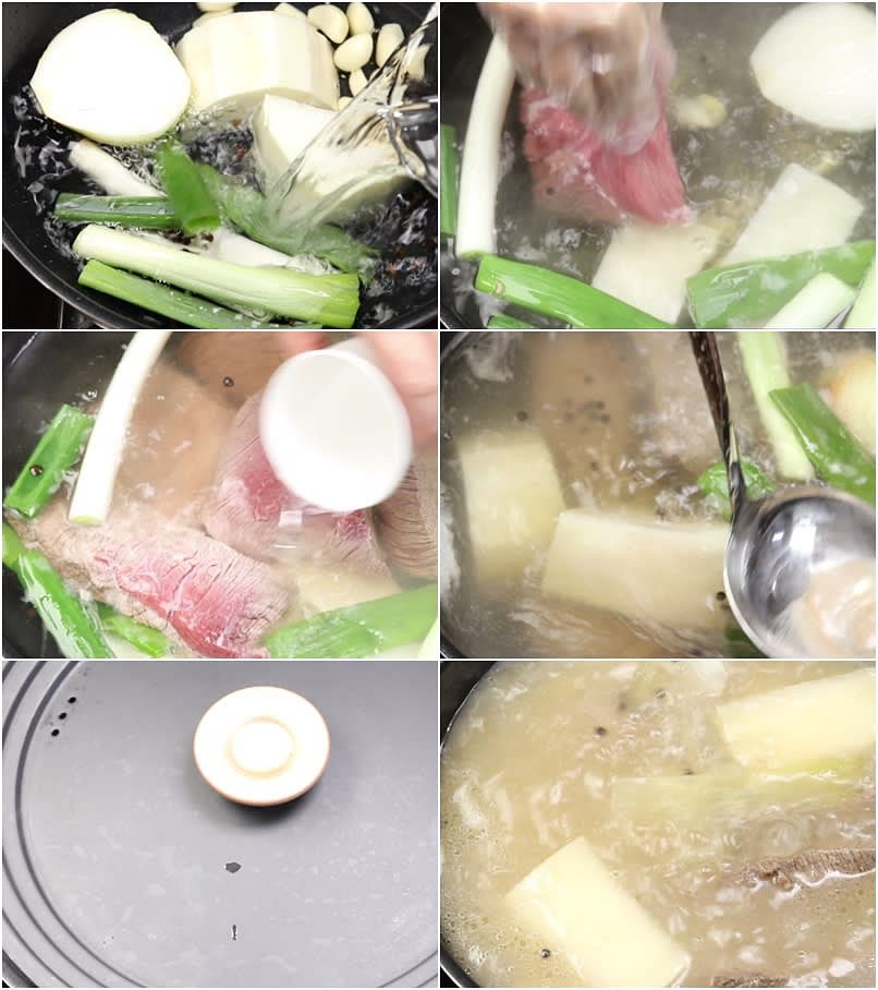 냄비에 무1토막.대파1개토막낸거.양파1/2개.통마늘15개.통후추1T를 넣고요~ 물2L를 넣은후 센불로 켠후 물이 팔팔 끓어오를때 핏기뺀 고기를 넣어줍니다.
고기를 넣은후 소주반컵을 넣어주고요~센불에서 끓으면 중약불로 줄여 1시간 삶아주는데요~
중간중간 거품과 기름기 제거해고요~ 뚜껑은 살짝 걸치듯 덮어줍니다.
만약 끓이는 중간에 국물이 너무 줄어들었다면 물을 추가해서 넣어주셔서 끓이면 됩니다.