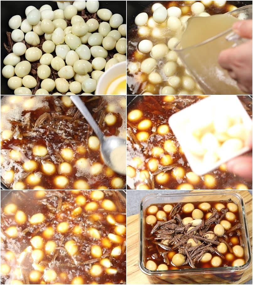 냄비에 찢어놓은 고기 넣고요~ 깐메추리알 한번 씻어서 넣고요~간장300ml를 넣어줍니다(싱겁게 드시는분들은 간장양 조금 줄이세요)
미림1/2컵.생강가루소량(생략가능).올리고당6~7T넣어줍니다. 단맛을 싫어하는분들은 6T넣어줍니다.
준비한 육수1200ml 넣고요~ 센불로 켜줍니다. 끓어오르면 중불로 줄여줍니다.
중간에 뜨는 기름은 제거해주세요~
이렇게 총 15분 조림을 해주는데요~만약 꽈리고추.통마늘.버섯같은 부재료를 넣고 싶다면
15분 조림하는 중간에 넣어주면 됩니다.
저는 중간에 통마늘15개 넣어 조림했습니다~
매콤한 맛을 좋아하는 분들은 청양고추 썰어 넣어도 좋습니다.
