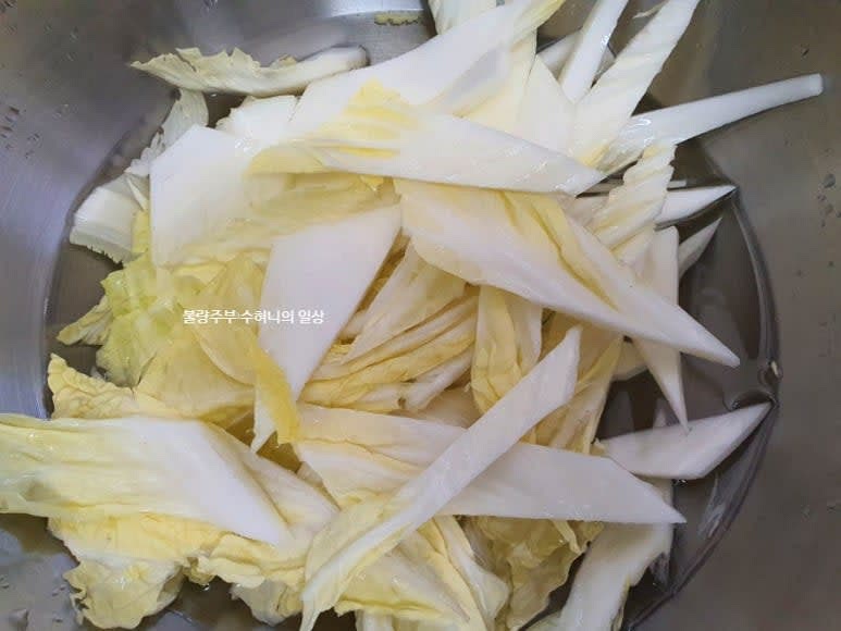 깨끗하게 씻은 배추를 결대로 어슷어슷 칼로 잘라준 후 준비한 소금물에 담가주세요. 중간에 한번 뒤집어서 약 30-40분 정도 절여주면 됩니다.