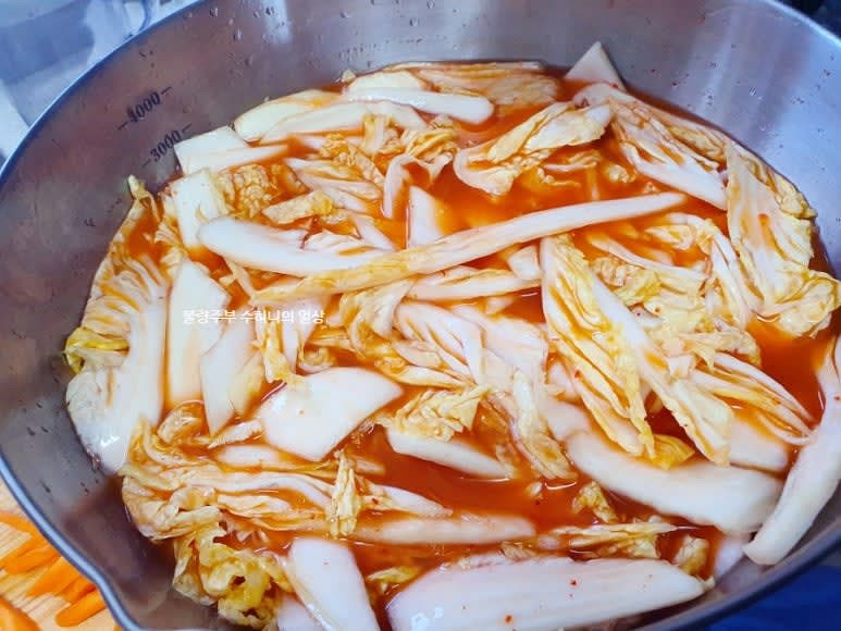 여기에 배추를 넣고 배추 절임물로 간을 맞춰주세요. 당근 채, 홍고추, 쪽파 등을 넣고 마무리 합니다.