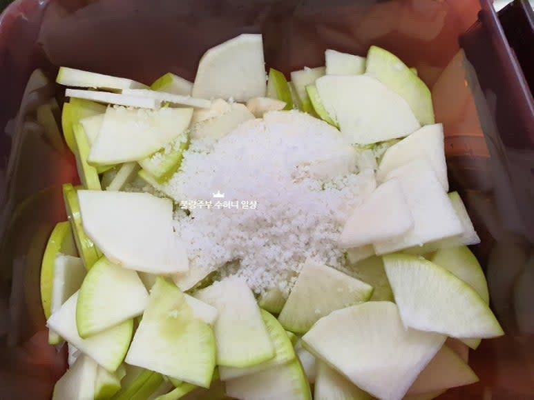 무를 깨끗이 씻고 먹기 좋은 크기로 썹니다. 썰어둔 무를 김치통에 넣고 천일염 2/3컵을 넣어 잘 섞어 준 후 30-40분 정도 절여주세요. 무에서 나온 물은 버리지 않고 간을 맞추는 용도로 사용합니다.