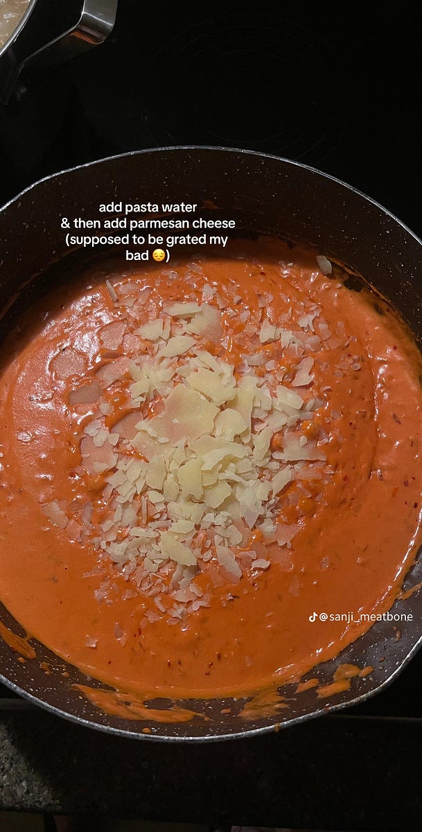 Add pasta water & then add parmesan cheese