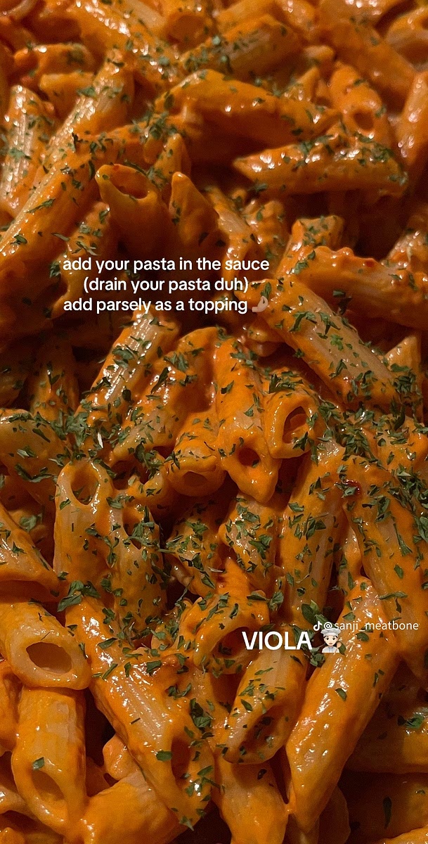 Drain your pasta, add pasta to the sauce, and add parsley as a topping