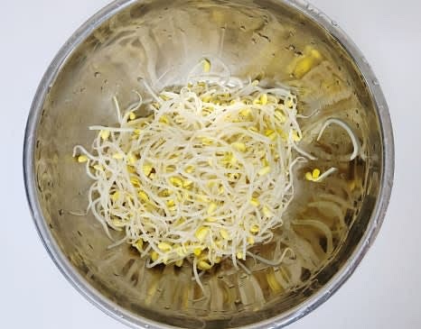 콩나물 300g을 3차례 정도 헹궈 머리의 껍질 부분만 제거하고 준비합니다.