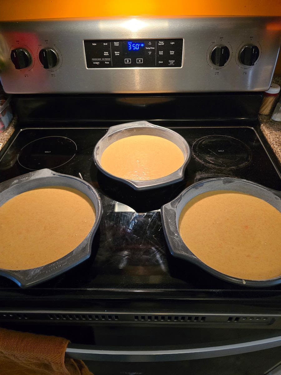 Pour mixture, evenly, into three 9" pans, greased and floured, with wax paper lining the bottom. Then beat pans on hard surface to get out all air bubbles. ** Note: Grease all sides and bottom, then place round cutout of wax paper on bottom and grease over that.