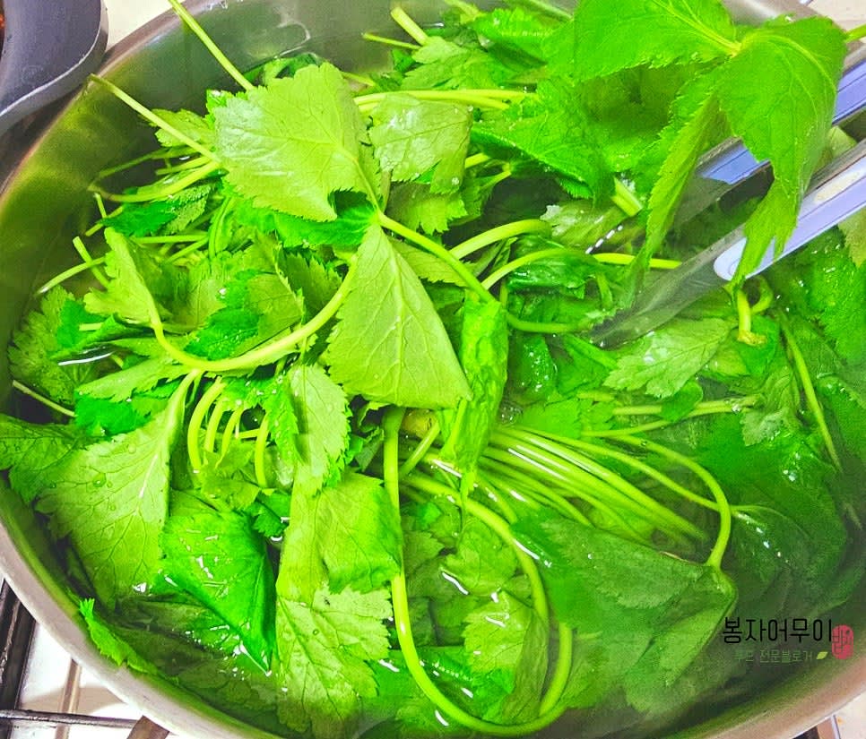 물을 보글보글 끓여 소금 1스푼을 넣고 참나물을 살짝 데쳐줍니다. 데치는 시간은 30초에서 1분 정도입니다.