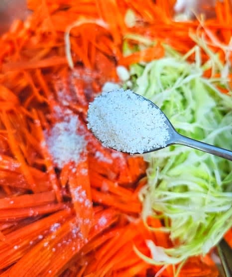 채썬 당근과 양배추에 절임용 소금 2티스푼을 뿌려 잘 섞은 후 10분간 절여줍니다.