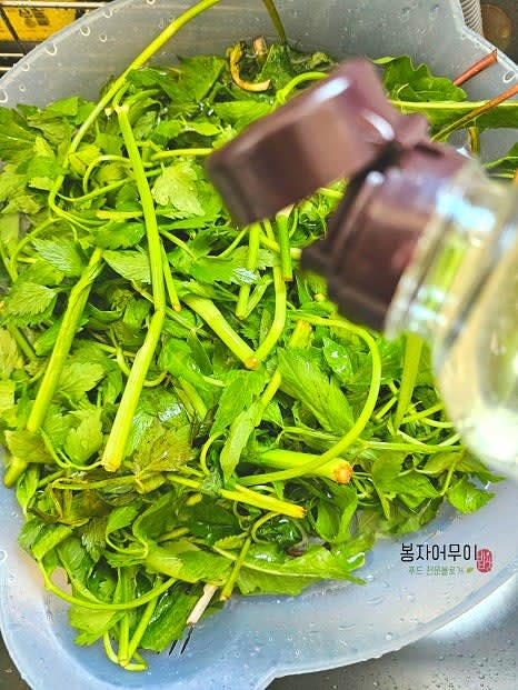 민들레, 두메부추, 돌미나리를 물에 씻은 후 식초 소금 물에 담갔다가 흐르는 물에 씻어 깨끗이 준비합니다.