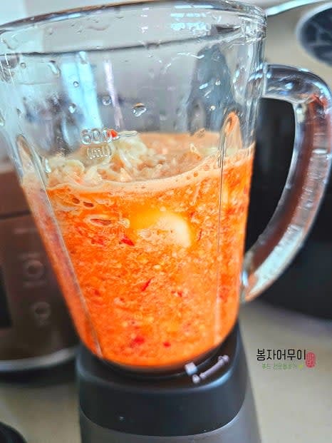 홍고추, 멸치액젓, 새우젓, 마늘, 생강, 물엿을 믹서기에 곱게 갈아줍니다.