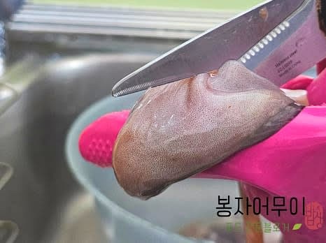 낙지 머리를 뒤집어서 내장을 제거하고 눈과 입을 잘라주세요. 밀가루로 깨끗이 문질러 세척한 후 흐르는 물에 헹궈줍니다.