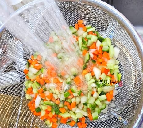 오이, 당근, 양파를 작게 깍둑 썰어 소금 1티스푼에 절입니다. 10분 정도 절였다가 헹구고 물기를 꼭 짭니다.