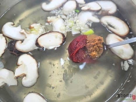 된장과 고추장을 섞어 육수에 넣어 잘 풀어줍니다.