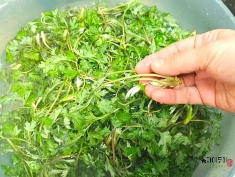 쑥을 깨끗하게 손질하여 체에 받쳐두세요. 양파는 최대한 얇게 자르고, 마늘과 고추는 다지고 두부도 먹기 좋게 잘라줍니다.