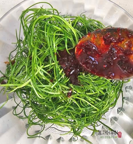 물기 빠진 세발나물에 고춧가루, 식초, 올리고당, 간장, 참기름을 넣고 잘 섞어준 후 깨소금을 뿌려줍니다.