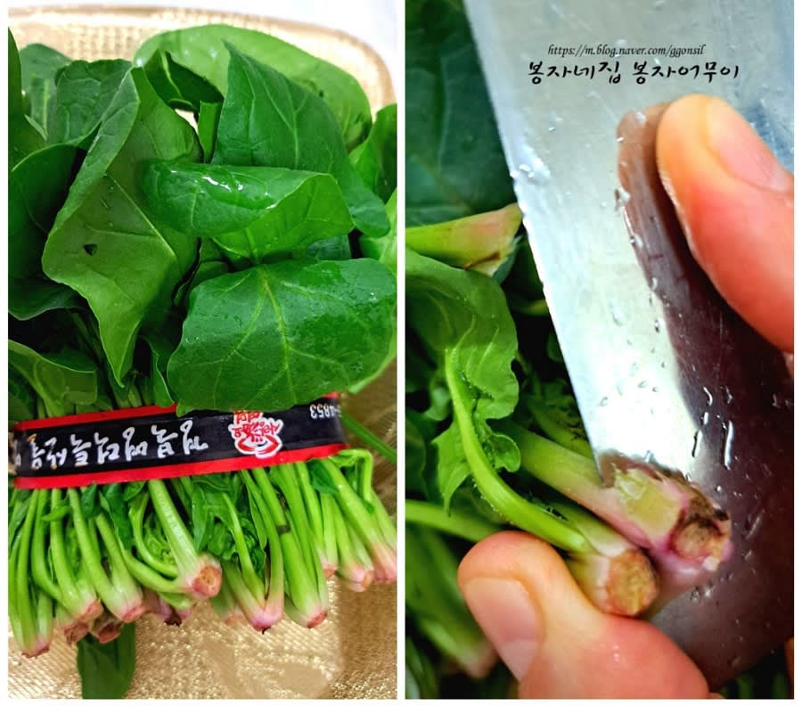 시금치의 뿌리를 제거하고 잎들을 깨끗이 씻어 준비합니다.