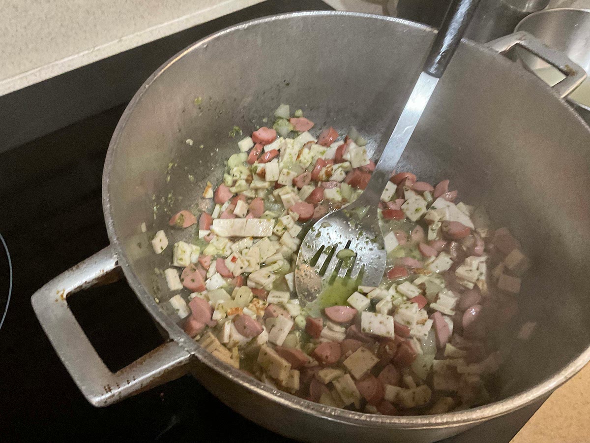 Add 1/2 cup of pasta water (this is to create a sauce