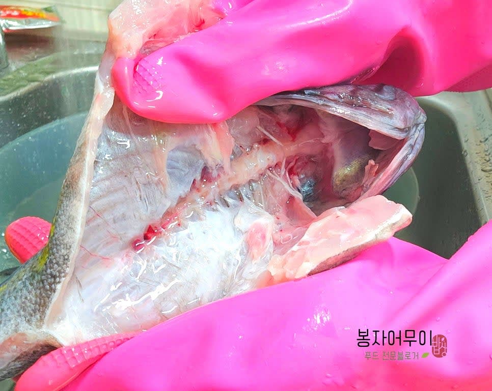 생 우럭을 아래에서 머리 쪽으로 긁어서 비늘을 제거하고 지느러미를 꼼꼼히 잘라줍니다.