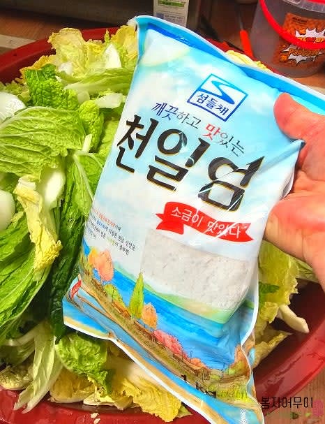 배추 3포기를 길쭉하게 잘라서 물 3컵과 소금 500g을 뿌려줍니다.