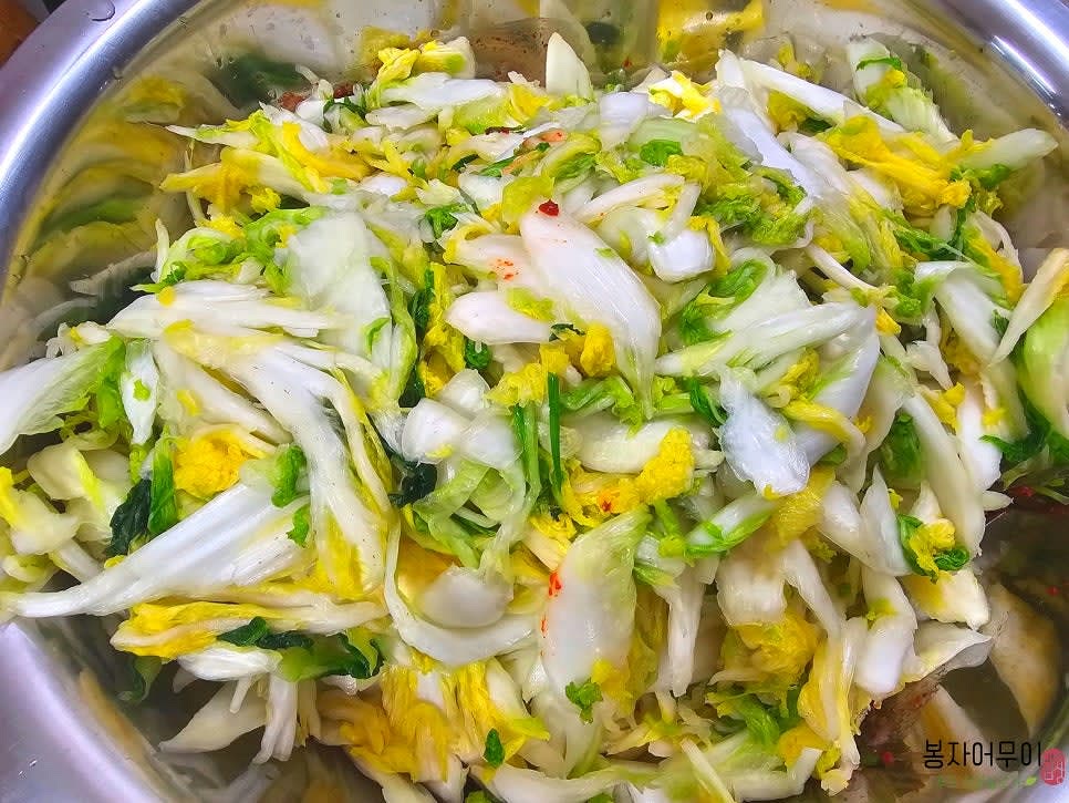 절인 배추를 흐르는 물에 3번 헹궈서 물기를 제거합니다.