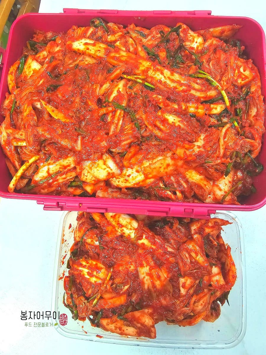 배추에 양념을 골고루 발라주며 김치를 완성합니다.