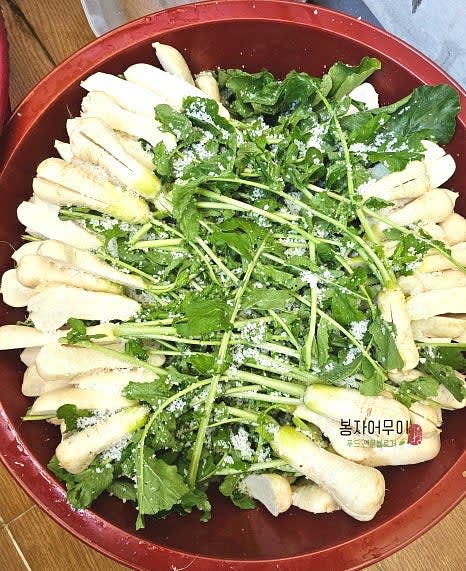 자른 알타리를 차곡차곡 쌓으며 절임용 소금을 골고루 뿌려줍니다.