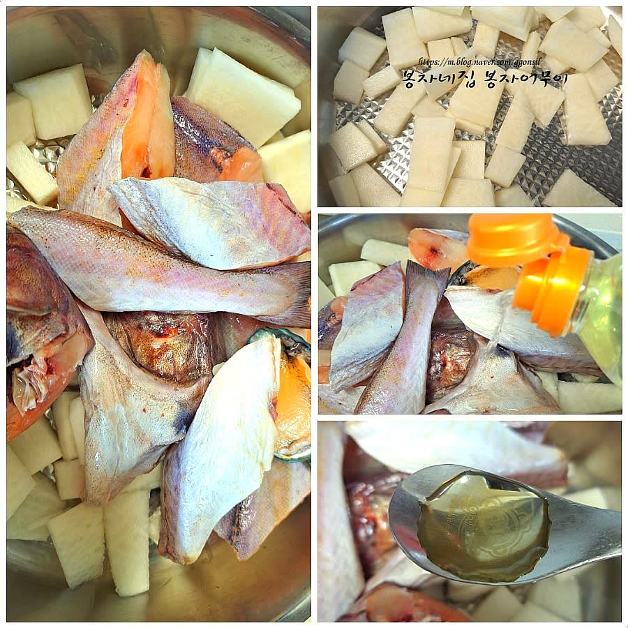 무를 큼직큼직하게 썰어주고 동태를 위에 올리고 식초 반 스푼, 맛술 반컵 넣고 물 1.5L를 붓고 끓입니다.