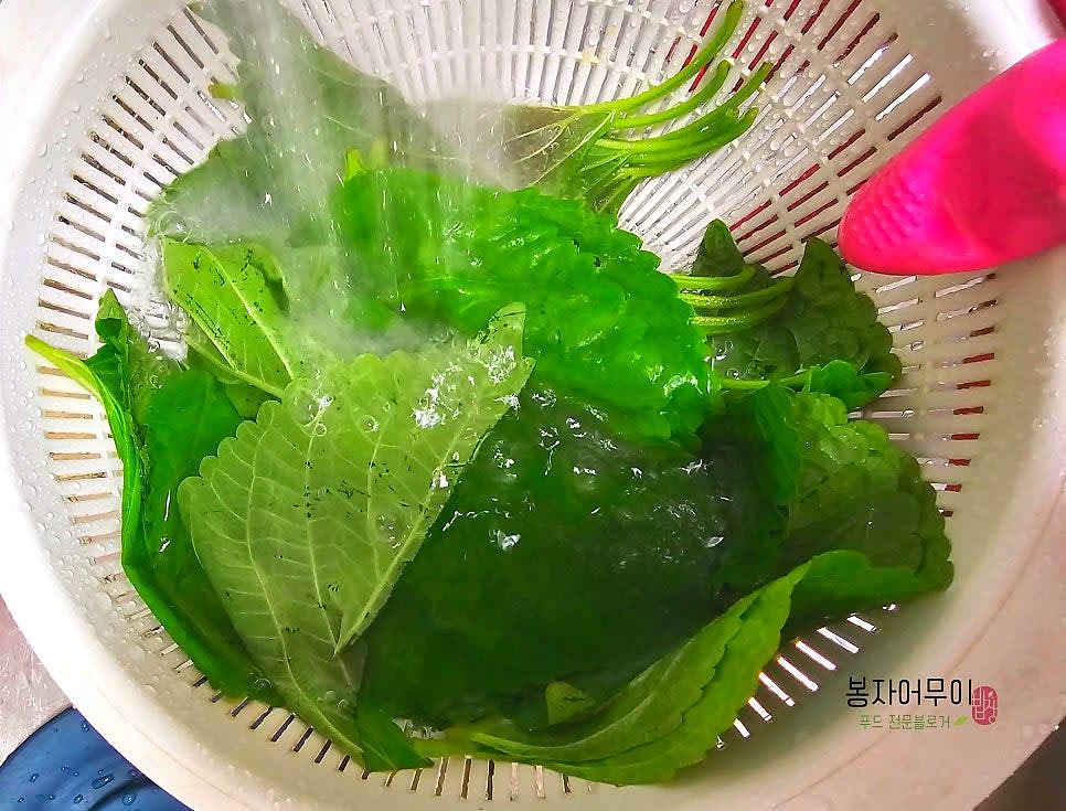 깻잎을 씻어 물기를 제거한 뒤 찜기에 깔아줍니다.