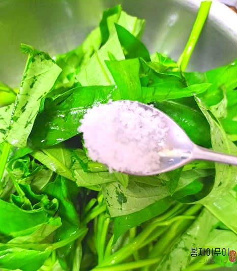 잎사귀 부분을 넣고 소금 반티스푼과 피시소스 1스푼을 추가한 후 강불에서 빠르게 볶아줍니다.