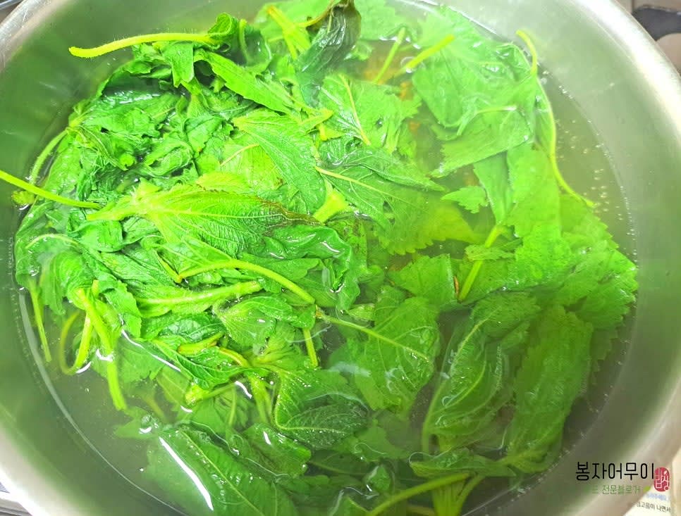 끓는 물에 깻잎을 넣고 아주 잠깐 데친 후 바로 찬물에 헹구어 물기를 짜줍니다