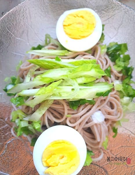 메밀면을 그릇에 담고 준비한 무, 오이, 쪽파, 김가루를 얹습니다.