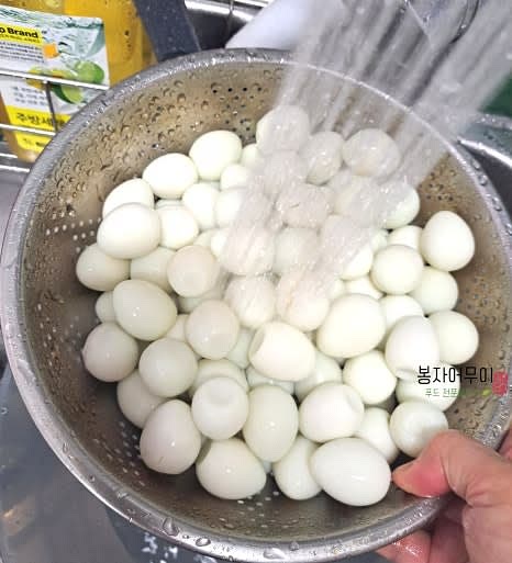 메추리알은 껍질을 벗기고 준비합니다. 삶은 메추리알을 사용하면 더 편리합니다.